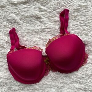 PARAMOUNT Lace Trim Underwire Bra Womens Pink Gold Floral Embroidery 34DD